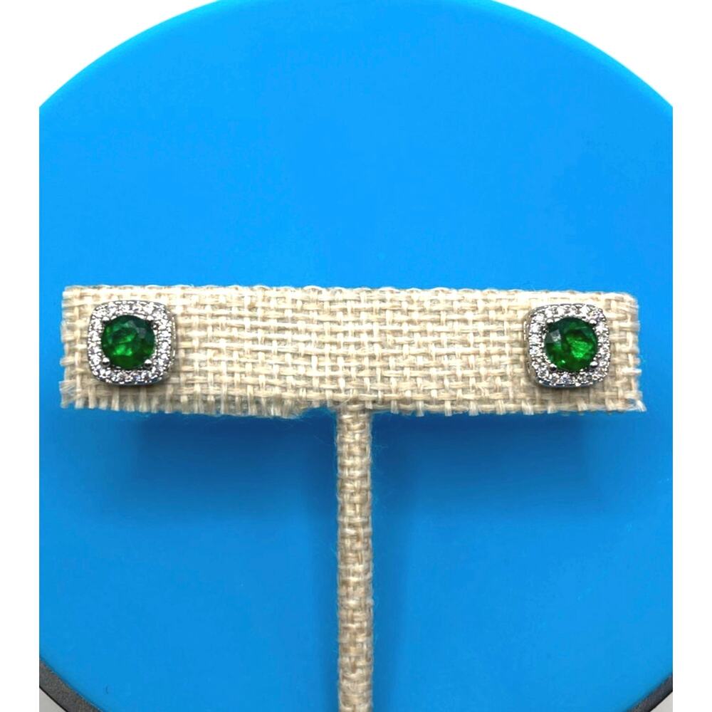 Green Square Halo Stud Earrings Made with SWAROVSKI Elements Silver Overlay
